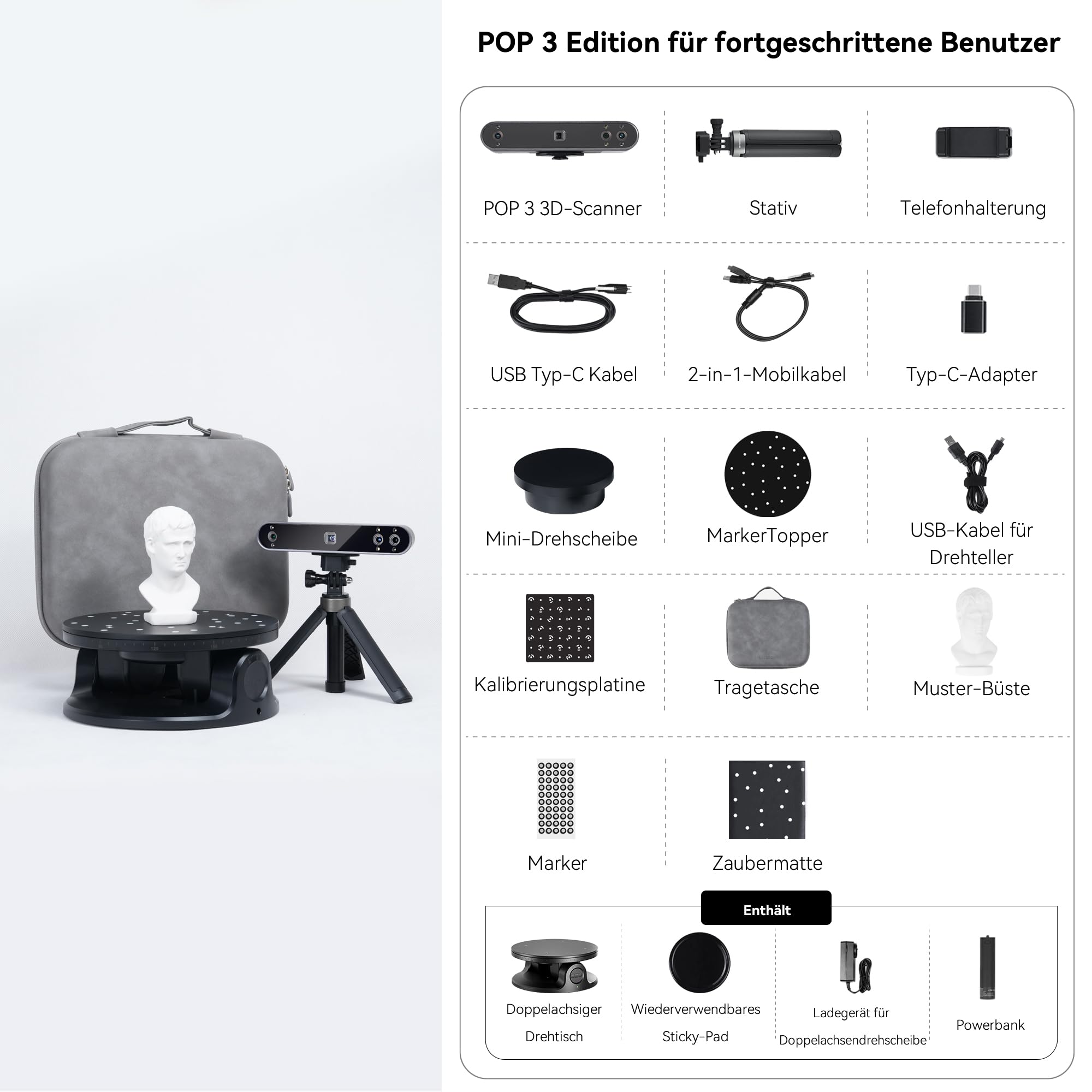 [2023 Upgrade] Revopoint POP 3 Handheld 3D-Scanner für 3D-Drucker mit Farbdaten, 0,05 mm Präzision und einer Scangeschwindigkeit von bis zu 18 FPS, unterstützt Smartphones und Laptops-Advanced