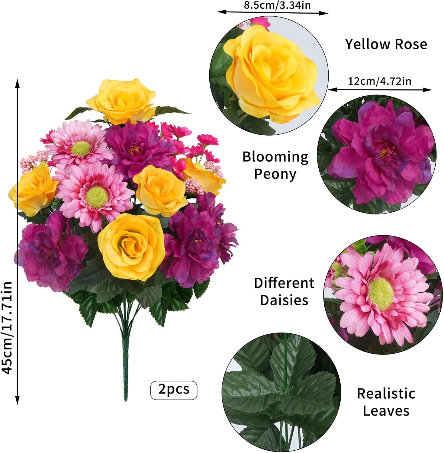 14 Stems Cemetery Flowers for Grave Silk Rose Penoy Faux Dasies Bouquet 19.3" Multicolor Summer Flowers for Headstones Vase Outdoor Home Arrangement Table Centerpiece Decor 2Pcs
