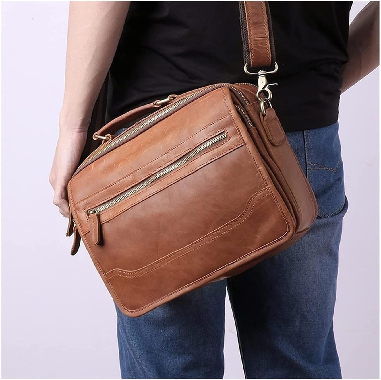 Small Messenger Bag for Men Retro Handbag, Leather Briefcase 9.7inch Tablet Shoulder Office bag