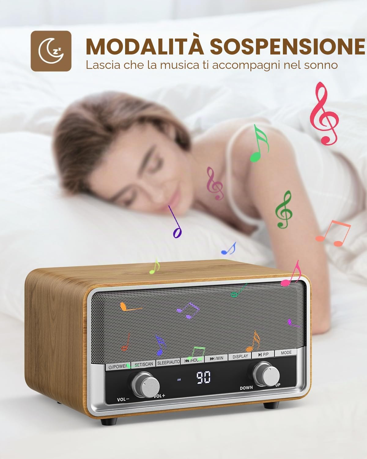 Radio AM FM retrò con spina digitale da parete per camera da letto con display LCD, 40 preset, timer di spegnimento, altoparlante Bluetooth retrò per ufficio, ottimo regalo in legno
