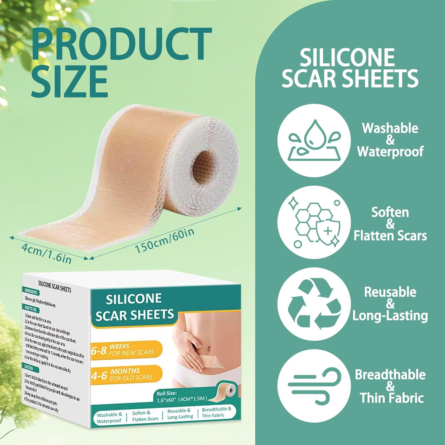 Silicone Scar Sheets for Scar Removal - 1.6” x 60” Reusable Medical Grade Strips (1 Roll) - Treatment for Surgical Scars, C-Section, Keloid, Burns & Acne - Post Tummy Tuck, C-Section Recovery - Image 2