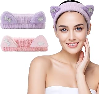 FlyingMage Spa Headband for Washing Face, 2 Pack Cute Cat Ear Hair Band for Shower Yoga Beauty, Fluffy Makeup Headband, Kawaii Facial Headbands for Woman Girls, Dark Pink+Purple Heart