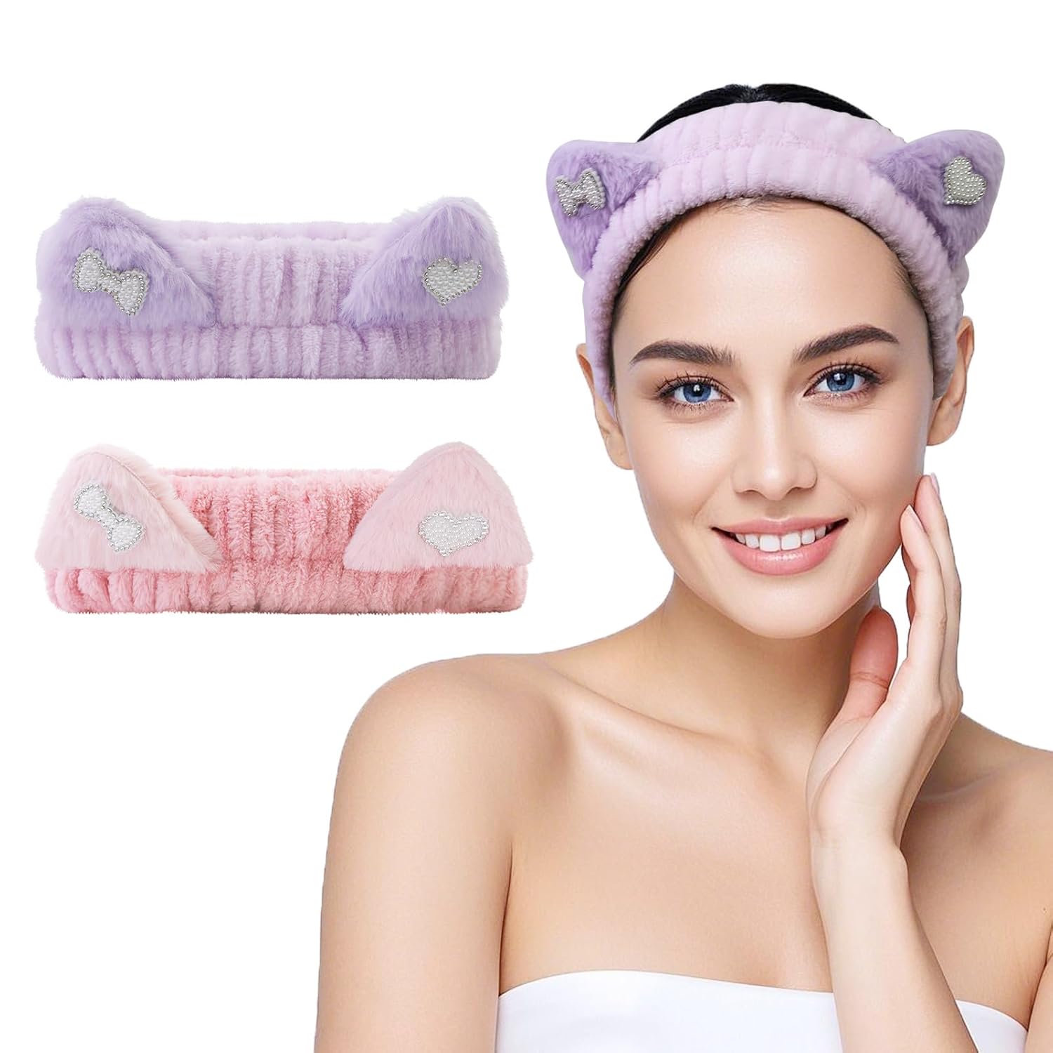 Spa Headband for Washing Face, 2 Pack Cute Cat Ear Hair Band for Shower Yoga Beauty, Fluffy Makeup Headband, Kawaii Facial Headbands for Woman Girls, Dark Pink+Purple Heart