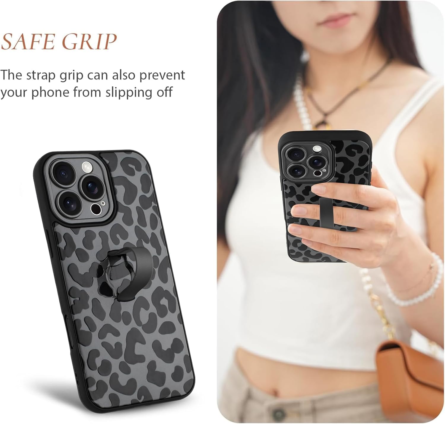 Compatible with iPhone 16 Pro Case with Finger Hand Strap Kickstand, Trendy Cool Leopard Cheetah Print Phone Case for Women Men, Full Camera Protection Shockproof Protective Cover, Black - Image 3