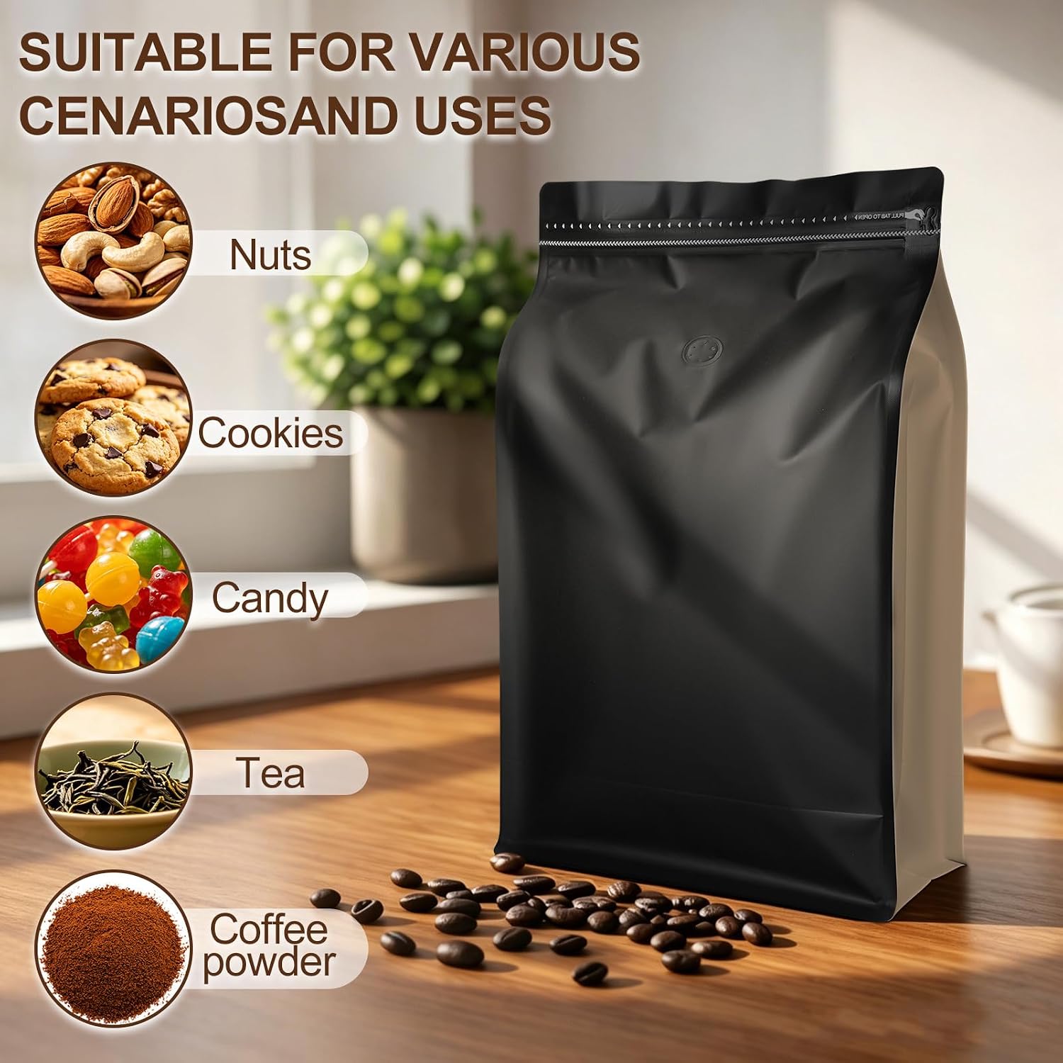 Moxweyeni 60 Pcs 5 lb Coffee Bags with Valve, Large Capacity, Black | Stand up Aluminum Foil, Flat Bottom Pouch, Reusable Coffee Bean Bag, Tea Nut Storage Packaging, Roasteries Cafes Home Retail