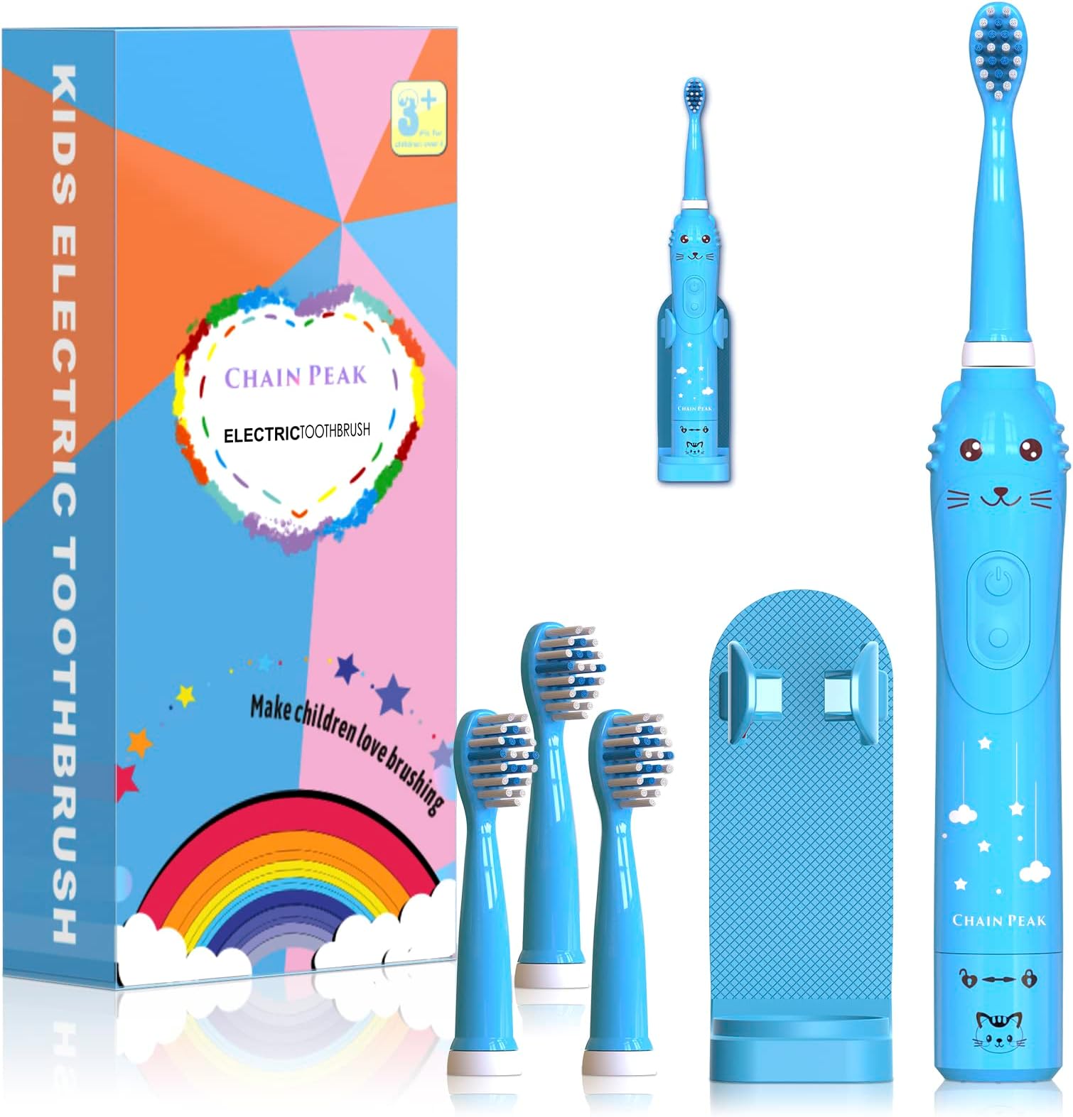 Kids Sonic Electric Toothbrush, Rechargeable Toothbrush for Children, Sonic Toothbrush for Boys Girls Age 3-12 with 30s Reminder, 2 Mins Timer, 6 Modes, 4 Brush Heads, Wall-Mounted Stand, Blue