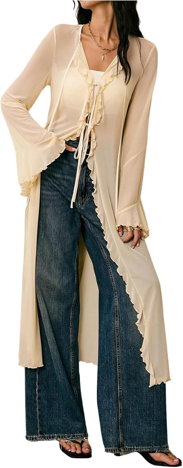 Verdusa Women's Bell Sleeve Tops Ruffle Sleeve Goth Blouse Y2K Mesh Tie Front Tops 2000s Clothing