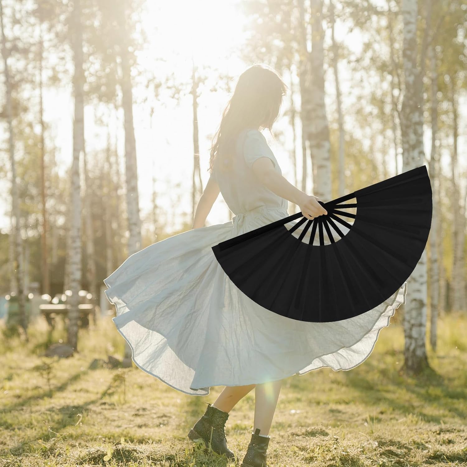 Boots on The Ground Fan,Large Holographic Folding Hand Fan, Clap Fans For Line Dancing,Foldable Craft Holding Laser Colors Hand Fan,Party,Dance Enthusiasts Gift (Black)