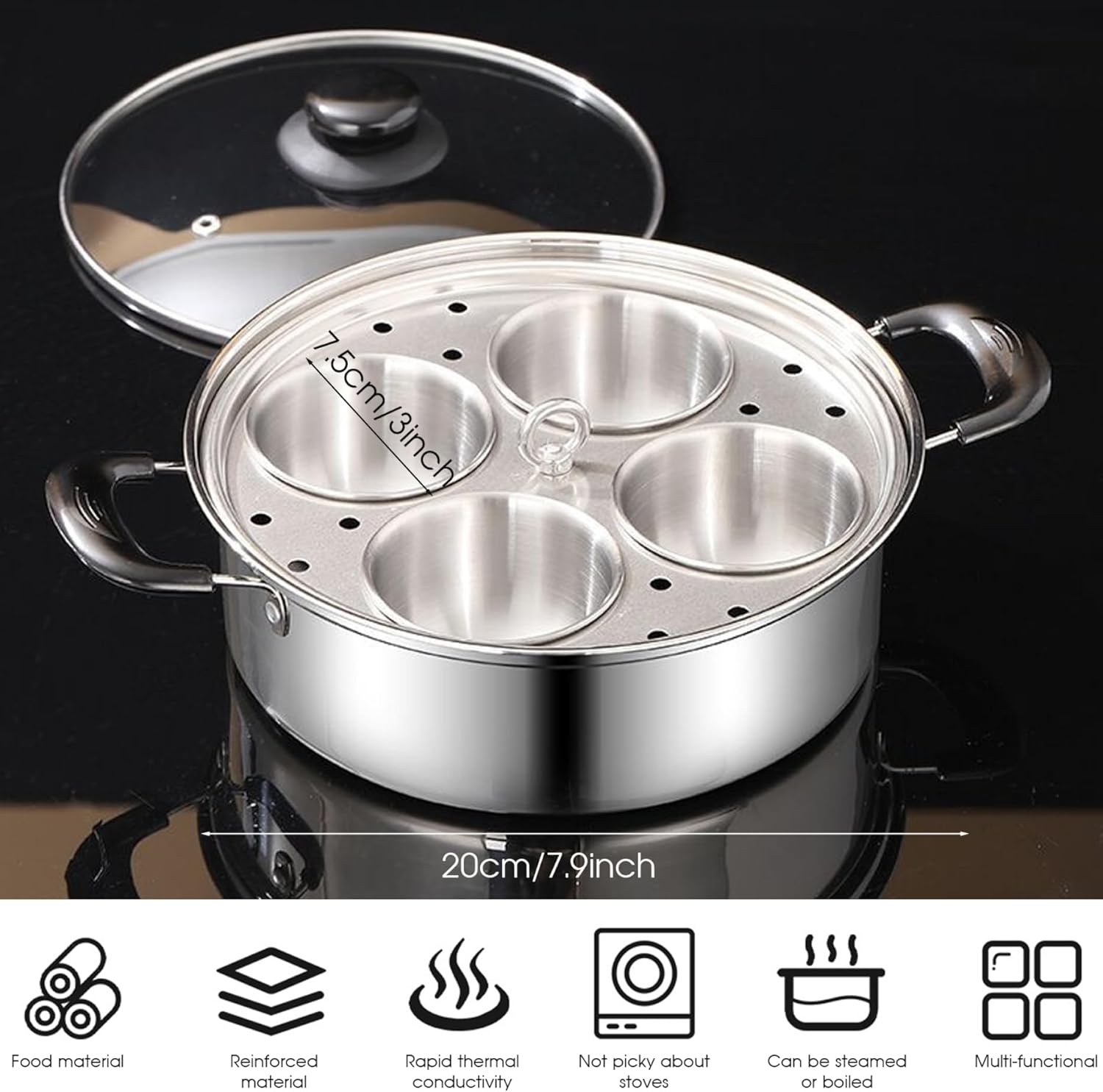Egg Poacher, 4 Cup Stainless Steel Egg Poacher Pan Non Stick Rust Resistant Cooker for Breakfast Brunch Cooking