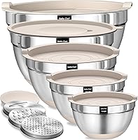 UmiteChef 8-Piece Stainless Steel Mixing Bowls Set with Airtight Lids, Grater Attachments & Non-Slip Bottoms - Nesting 1.5-5QT Khaki