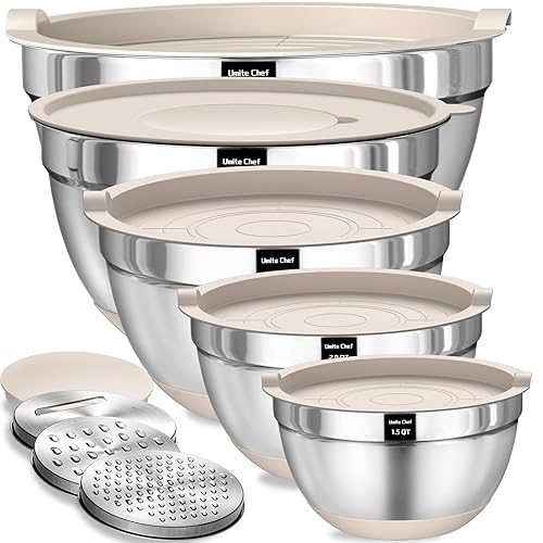 Mixing Bowls with Airtight Lids Set, 8PCS Stainless Steel Khaki