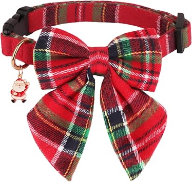 PTDECOR Christmas Dog Collar, Adjustable Classic Red Plaid Xmas Collars with Removable Bowtie Christmas Dog Collars for Large Dogs PetsLarge