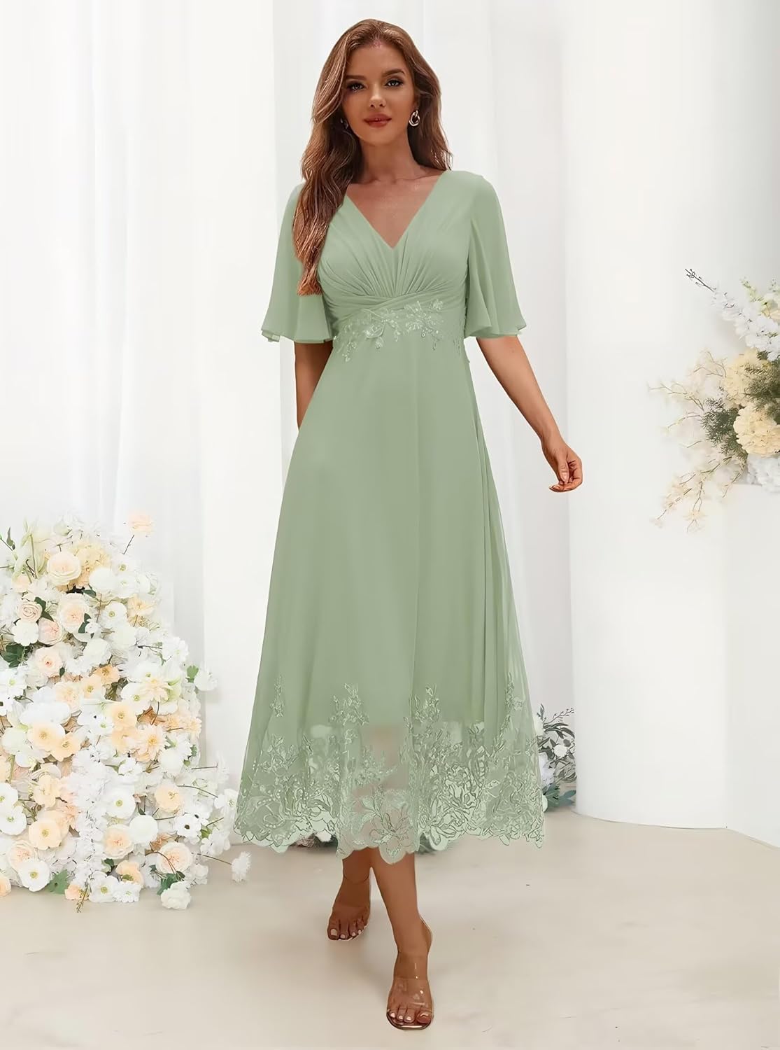 Lace Mother of Bride Dresses - Chiffon Tea Length Evening Gowns for Women Formal V Neck Mother of The Groom Dress