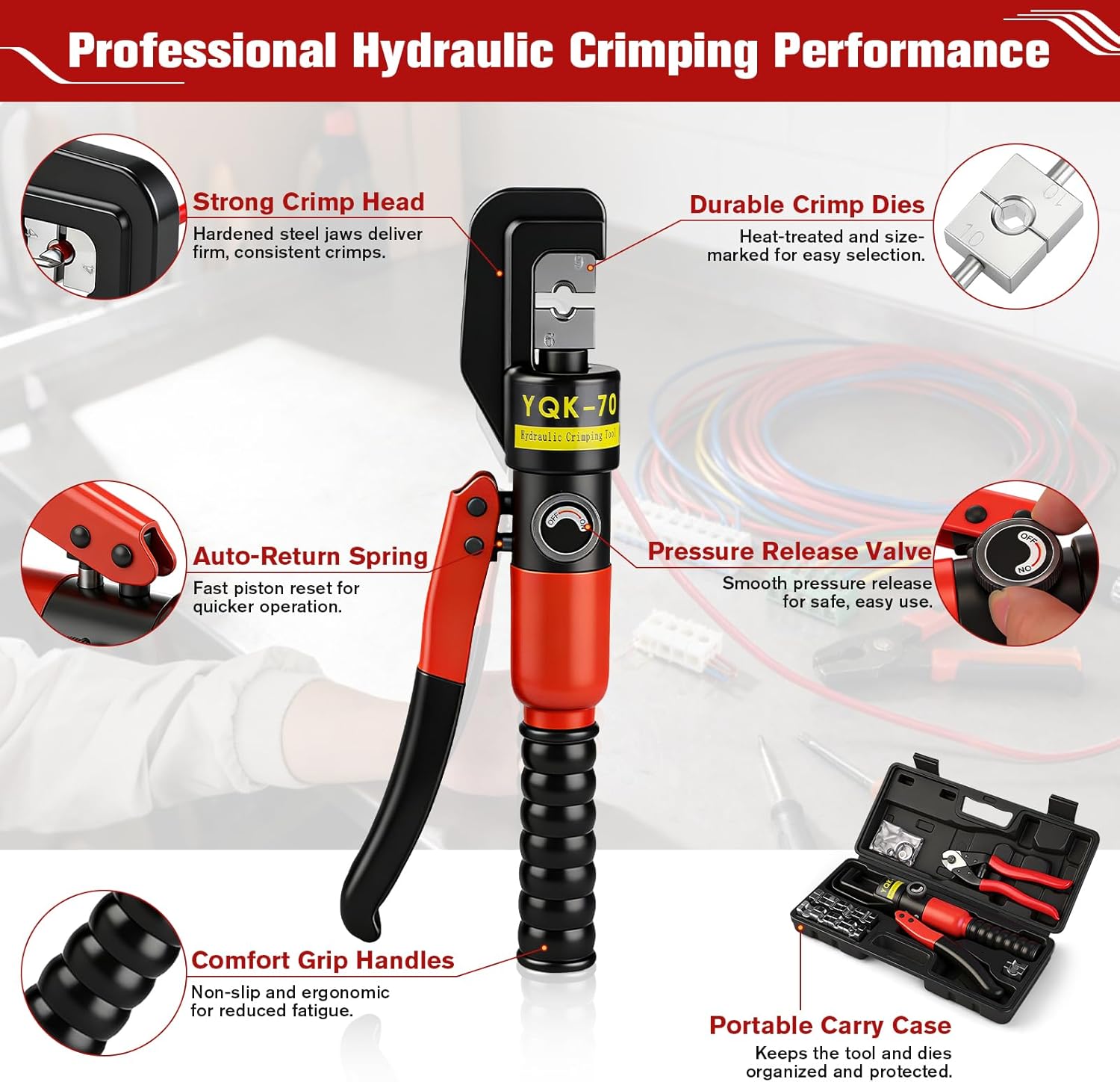 10 Ton Hydraulic Crimping Tool Set, 12 AWG–2/0 AWG Electrical Terminal Cable Crimper with Hardened Steel Jaws, Auto-Return Spring, 9 Dies & Carry Case