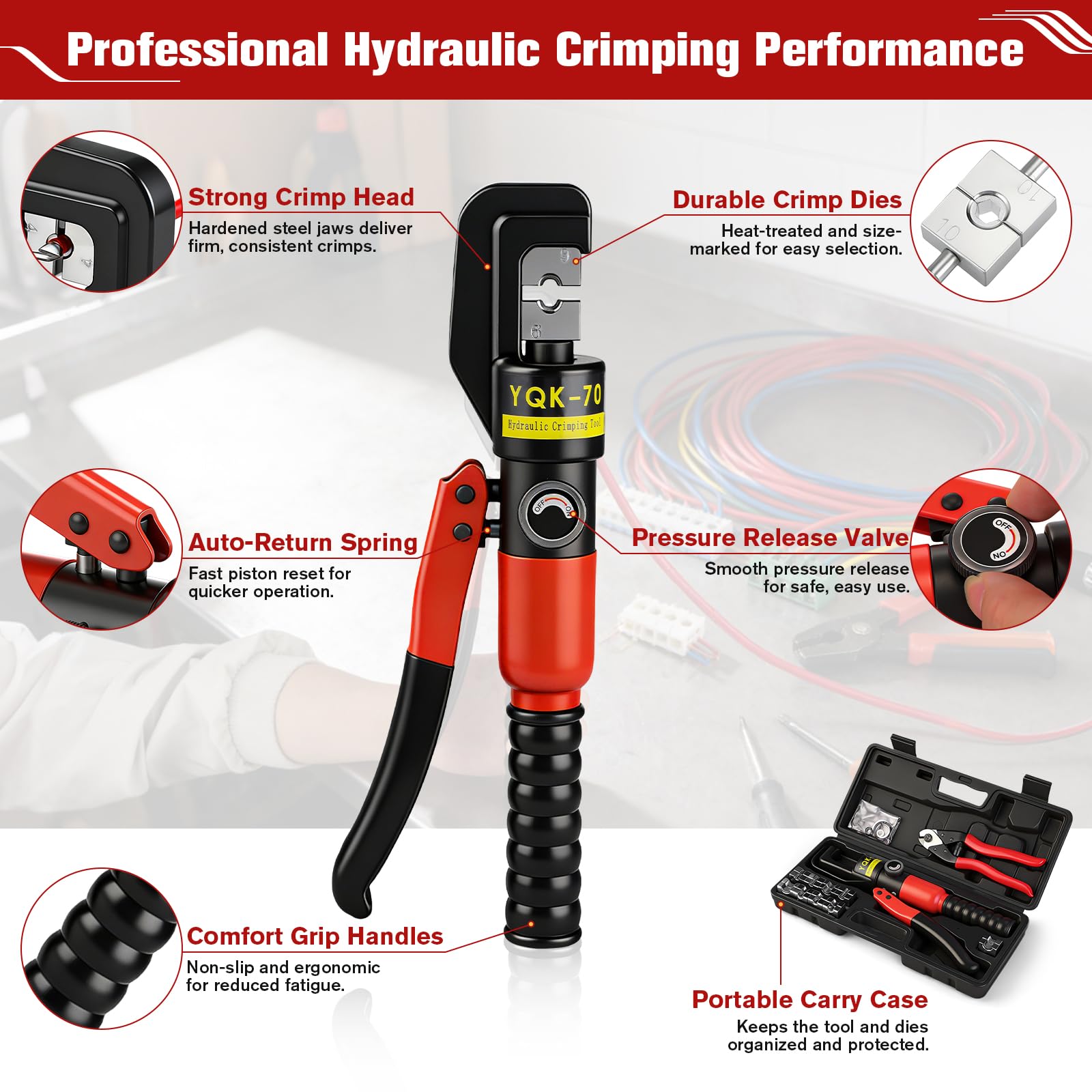 Juego de herramientas de crimpado hidráulico de 10 toneladas, crimpadora de cable de terminal eléctrico de 12 AWG a 2/0 AWG con mandíbulas de acero endurecido, resorte de retorno automático