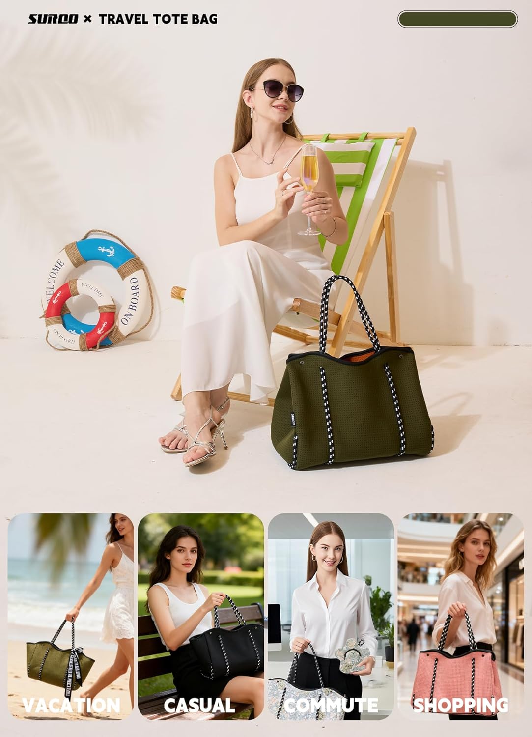 Neoprene Tote Bag for Women, Large Travel Beach Bag with Detachable Pouch, Stylish Lightweight Everyday Carryall - Image 2