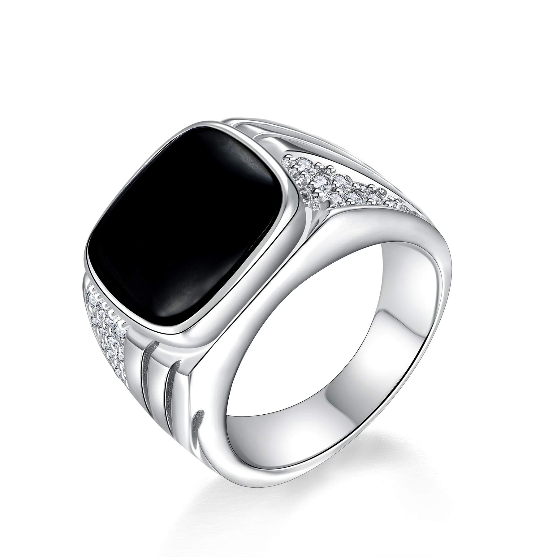 JO WISDOM Hombre Anillo de Plata 925 con Circonita 3A,Anillo Clásico Llanura Sello Ónix Negro Amplio Joyas para Hombres