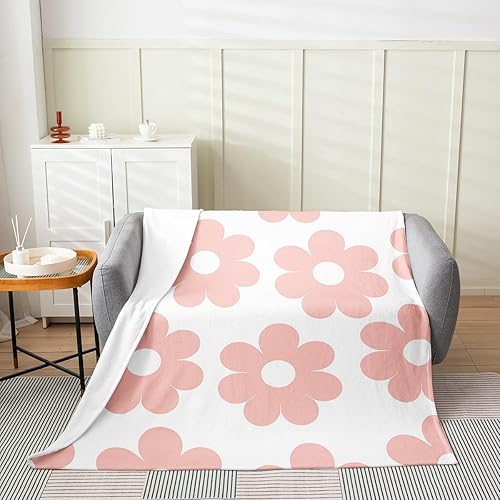 Miniatura 2 de Manta de franela de forro polar rosa para niños, manta mullida de flores de margaritas geniales de los años 70 para dormitorio de niños y niñas,