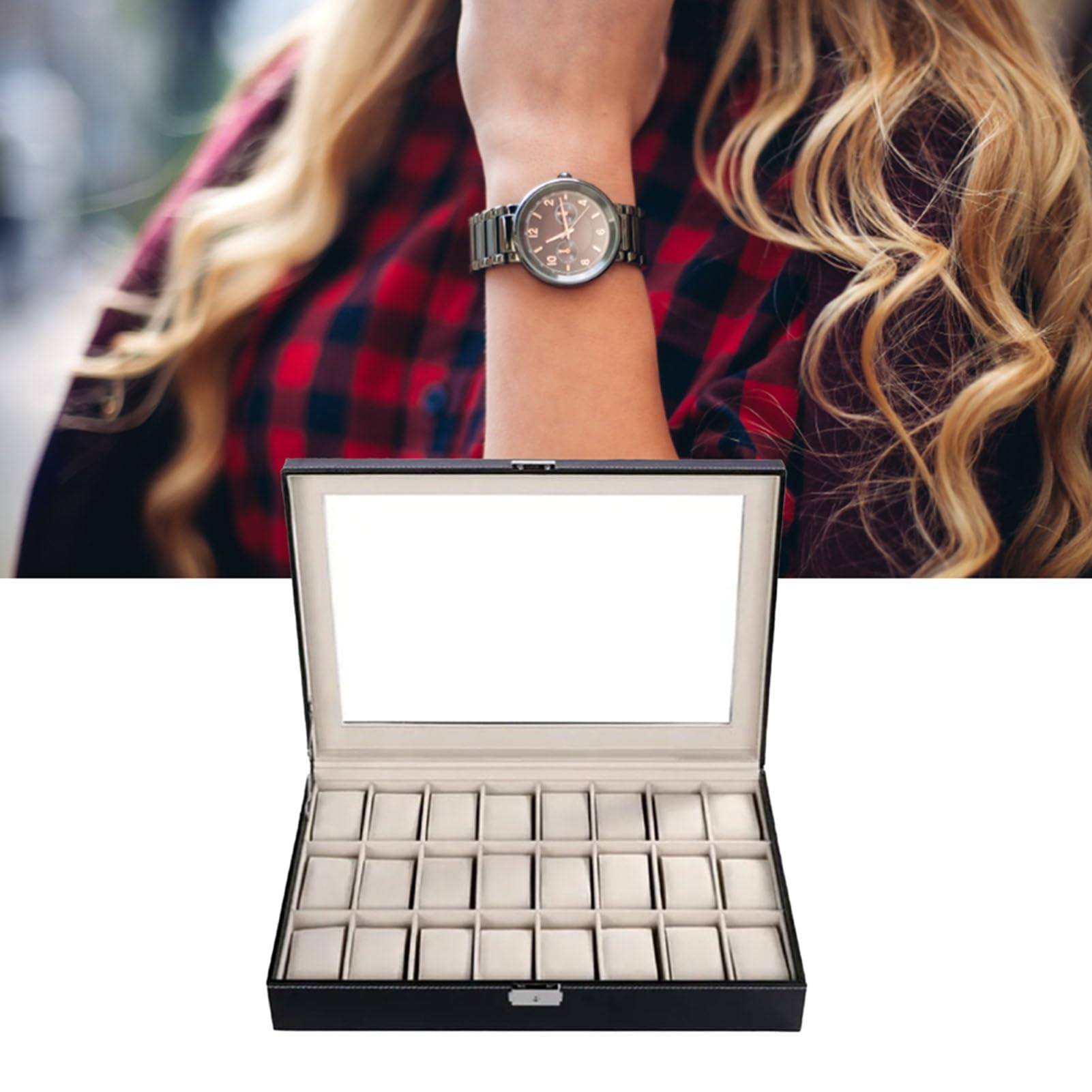 SYH&AQYE Organisateur de Boîte à Bijoux pour Hommes et Femmes, Boîte de Rangement de Montre Étanche à 24 Emplacements, Étui de Rangement de Montre en Cuir PU pour Montres Lunettes de Soleil Bagues