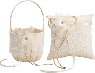 Fofetbfo Wedding Flower Girl Basket and Ring Pillow Set of 2, Champagne Satin Bow Ring Bearer Pillow and Wedding Lace Flower Girl Basket Set for Wedding Ceremony Party Decor