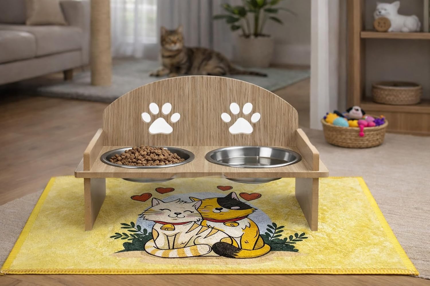 GOBYPET Ahşap Kedi Mama ve Su Kabı ile Paspası, Çift Hazneli Metal Mama ve Su Kabı, Çift Hazneli Köpek Mama kabı (Oval Mama Kabı)