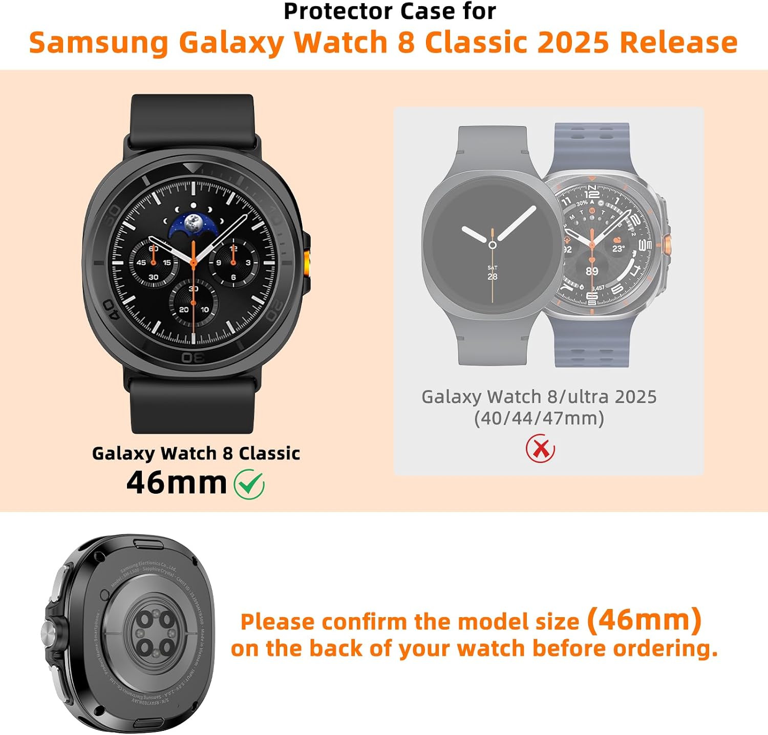 AMANECER Rugged PC Case & Metal Bezel Ring for Galaxy Watch 8 Classic 46MM, Stylish Anti-Scratch Protective Cover with Adhesive Rotating Steel Frame Loop for Samsung Smartwatch 2025 Release, Black