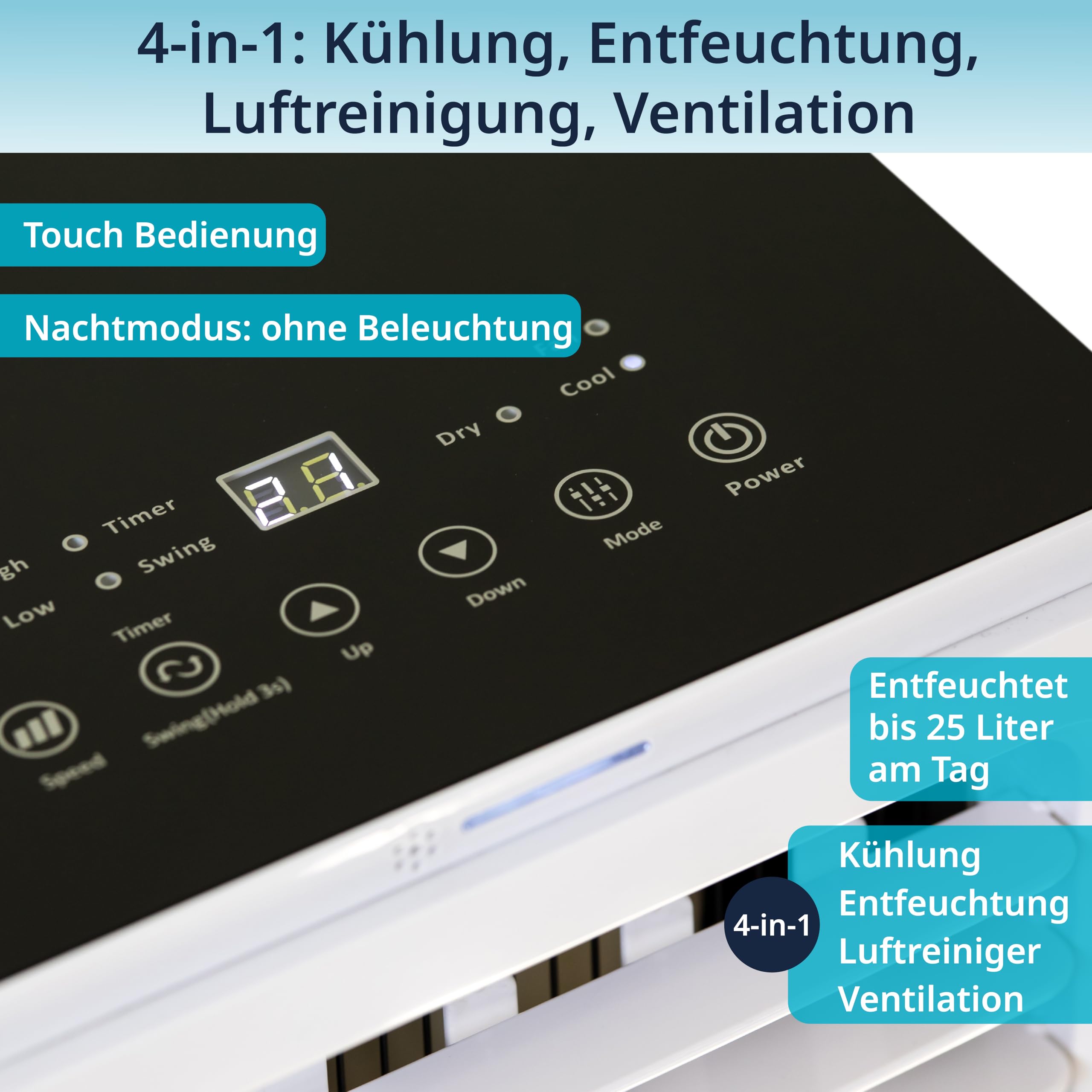 Könighaus Smarte Mobile Klimaanlage 9000 BTU für Räume bis 20m² - 4-in-1 | Kühlung, Entfeuchtung, Ventilator und Luftreinigung – energieeffizient (A) – inkl. Fernbedienung und App-Steuerung