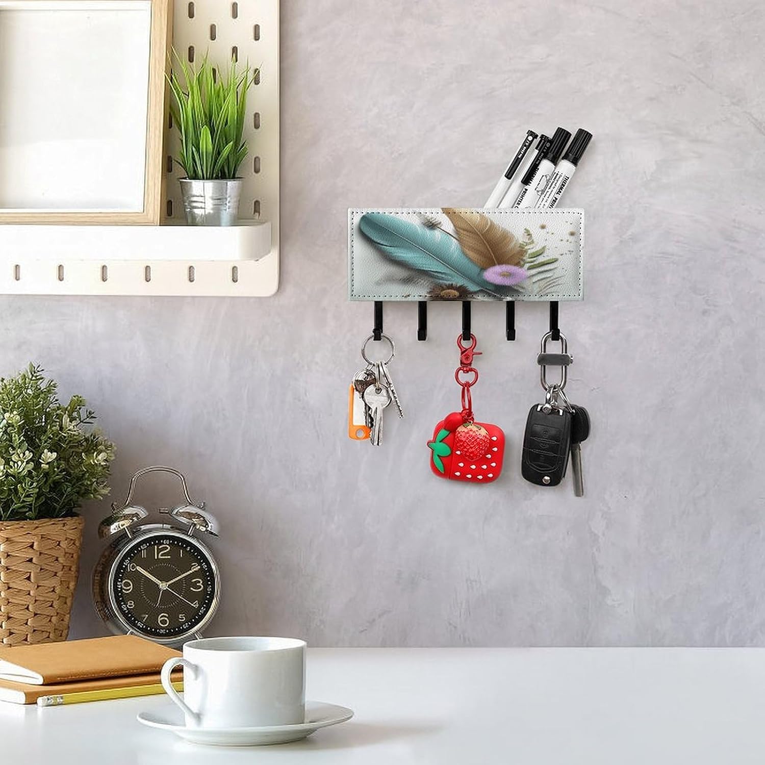 Key Holder Wall Mount Key Hanger with 5 Hooks, Decorative Key Rack | Feather Flower Hanging Key Hooks with Mail Organizer for Wall Living Room Kitchen Bathroom Hallway