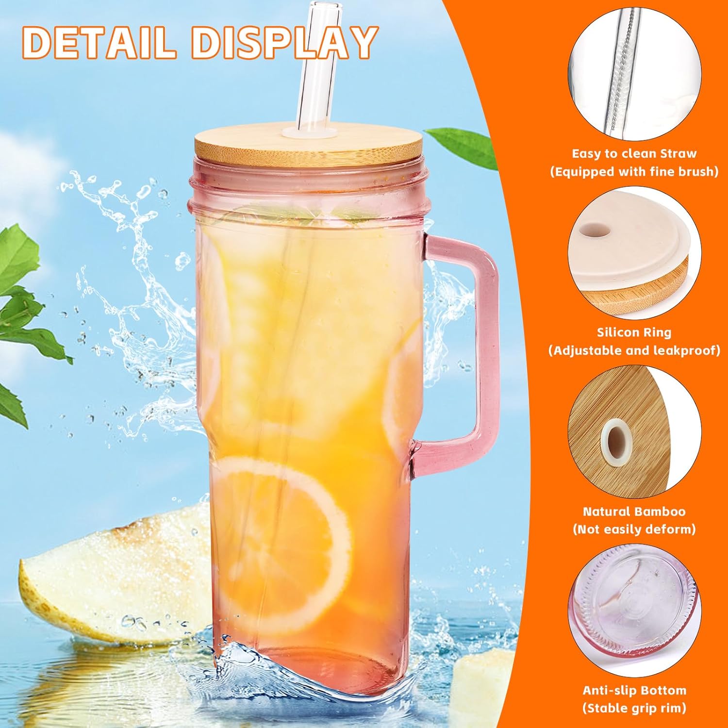 Pink Glass Cups with Lids and Straws 2 Packs - 24oz Glass Tumbler with Handle, Cute Cups Mason Jar - Wide Mouth Reusable Drinking Glasses, Smoothie Tumbler Iced Coffee Cup Travel Mug - Image 4