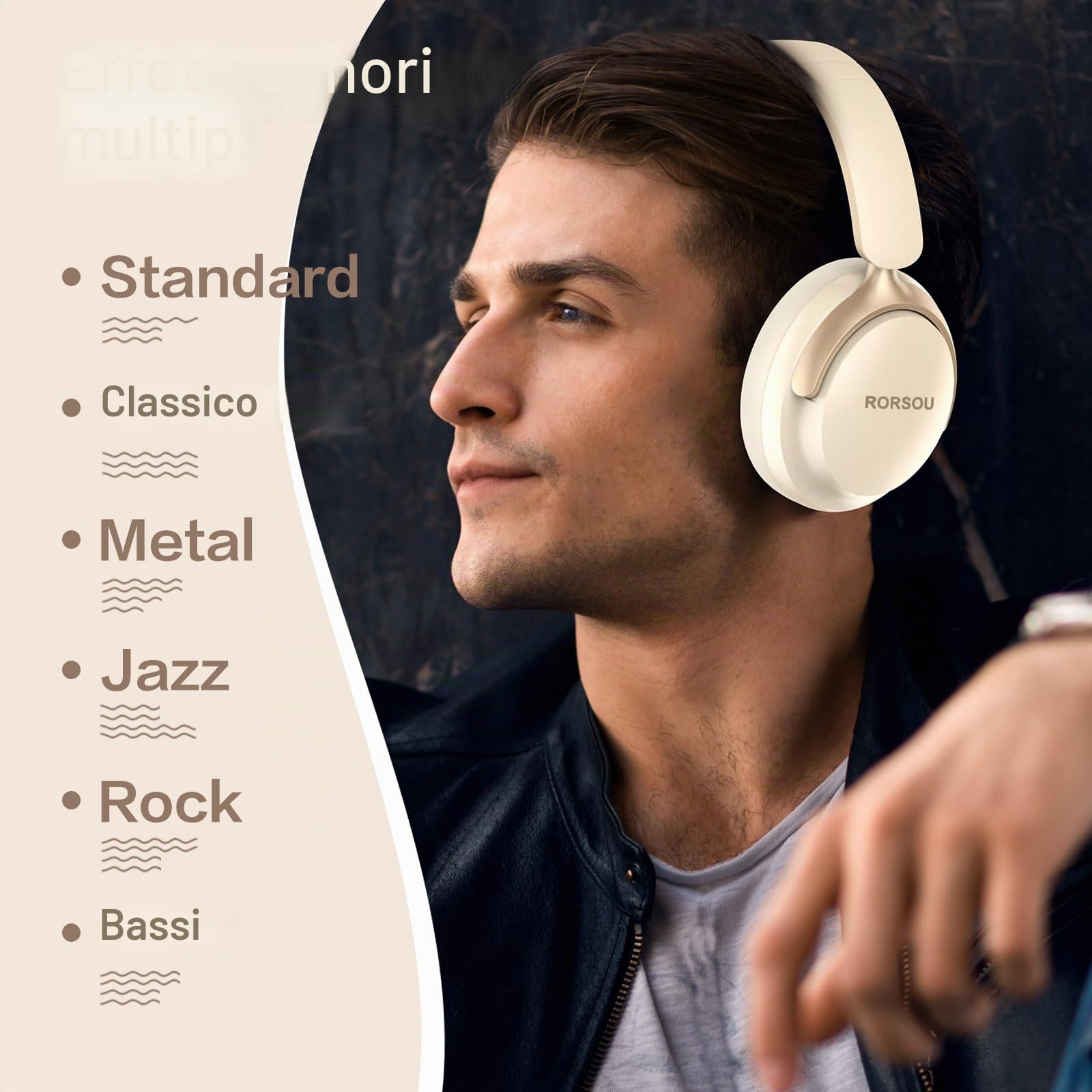 B8 Cuffie Bluetooth su orecchio, 6 EQ modalità musicale e cuffie basse basse profonde da 50 ore con microfono, leggero Stereo pieghevole HiFi beige bianco