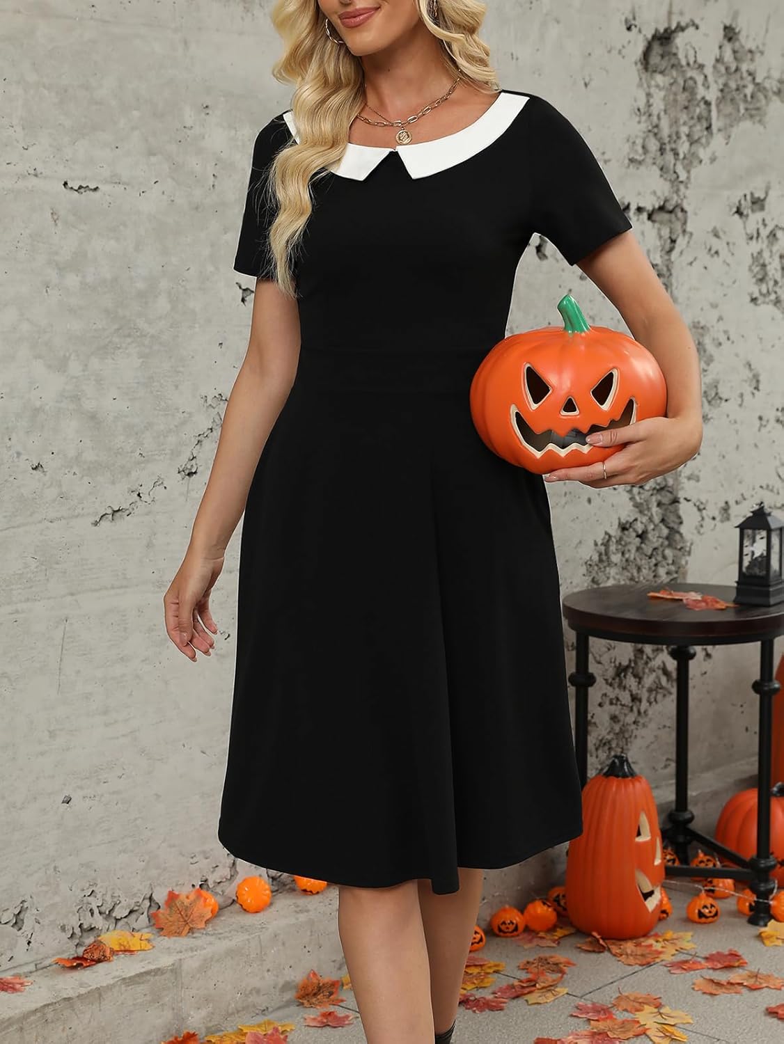 Women's Elegant Vintage Dresses Knee Length Casual Floral Print Work Party Peter Pan Collar A-Line Dress with Pockets 978