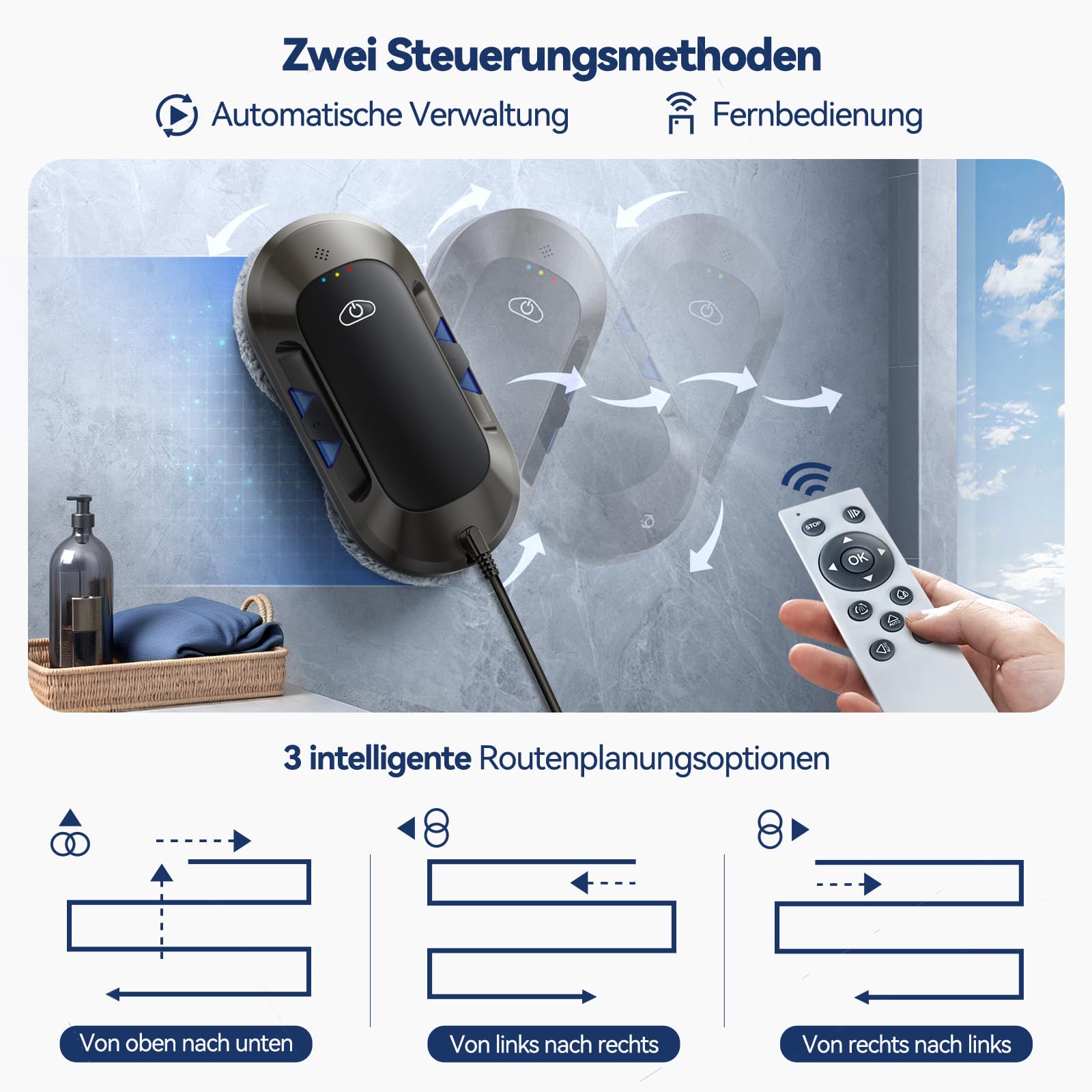 2026 Neu Fensterputzroboter mit Doppelter Düse, 6000Pa Elektrischer Fensterroboter, <65dB, Intelligente Navigation,10 Reinigungstücher Für Fenster/Fliesen zu Hause, W23D