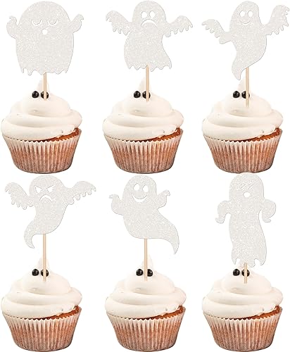 Miniatura 1 de Rsstarxi 30 decoraciones de Halloween para magdalenas de fantasmas con purpurina blanca espeluznante para cupcakes de Halloween, decoración de