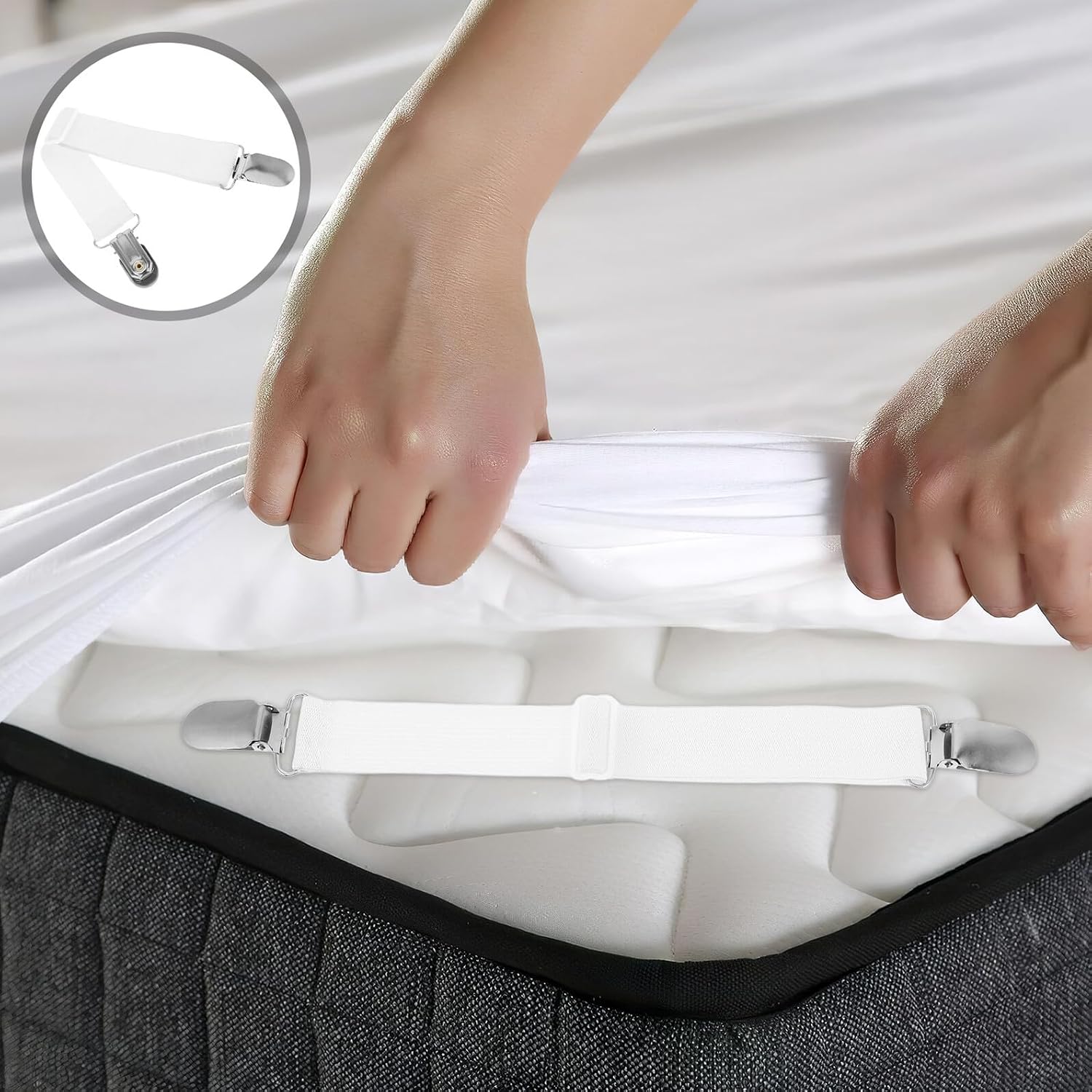 PRETYZOOM 8pcs Adjustable Bedsheet Fasteners Clips White Small Size 16-30cm Extendable to 65cm Non-Slip Sheet Retainers for Mattress Bedding Accessories