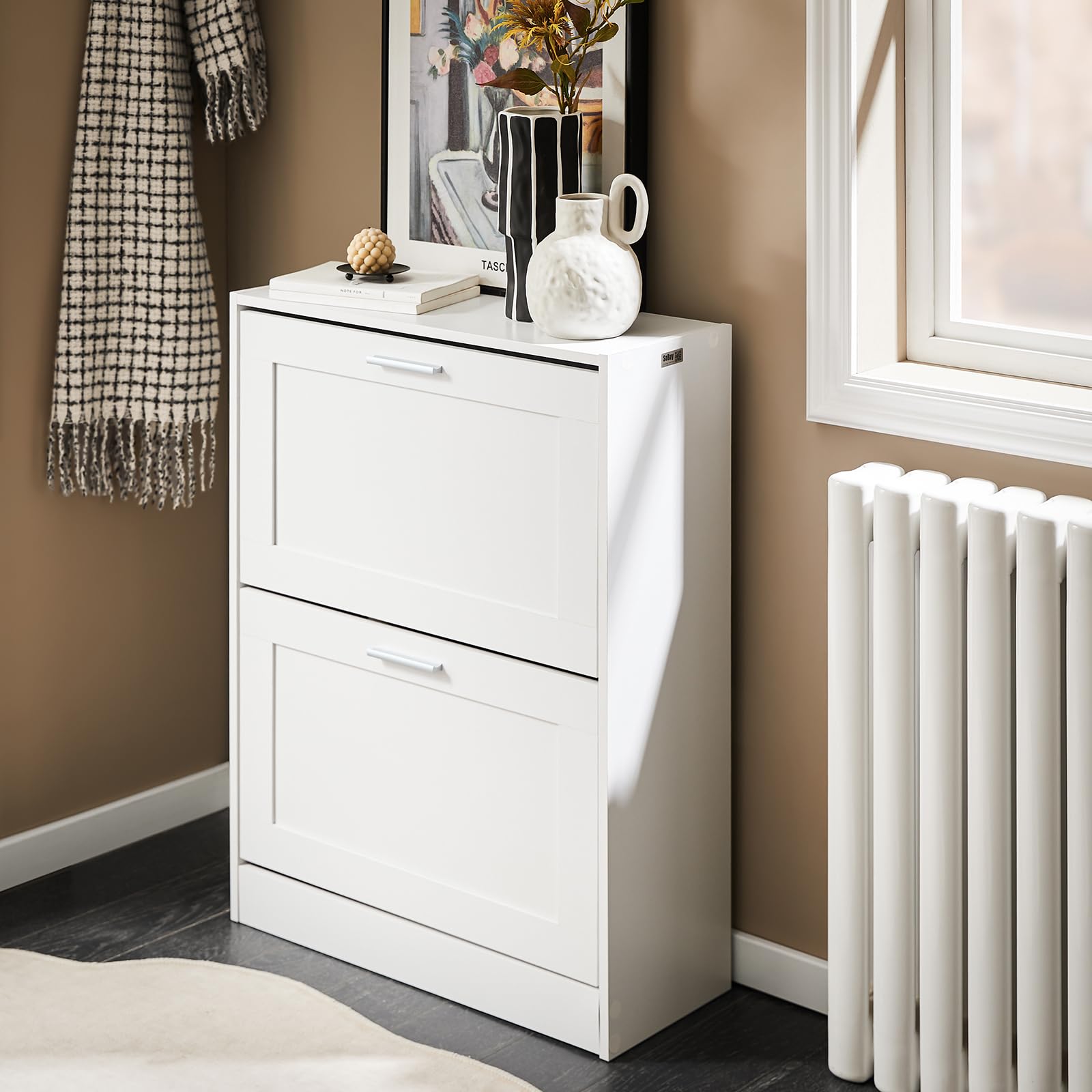 SoBuy Zapatero Estrecho Mueble Zapatero Entrada Recibidor - Ahorra Espacio con 2 Solapas Abatibles y Estantes Ajustables - Ideal para Pasillo o Apartamento - Blanco 60x25x80 cm FSR137-W