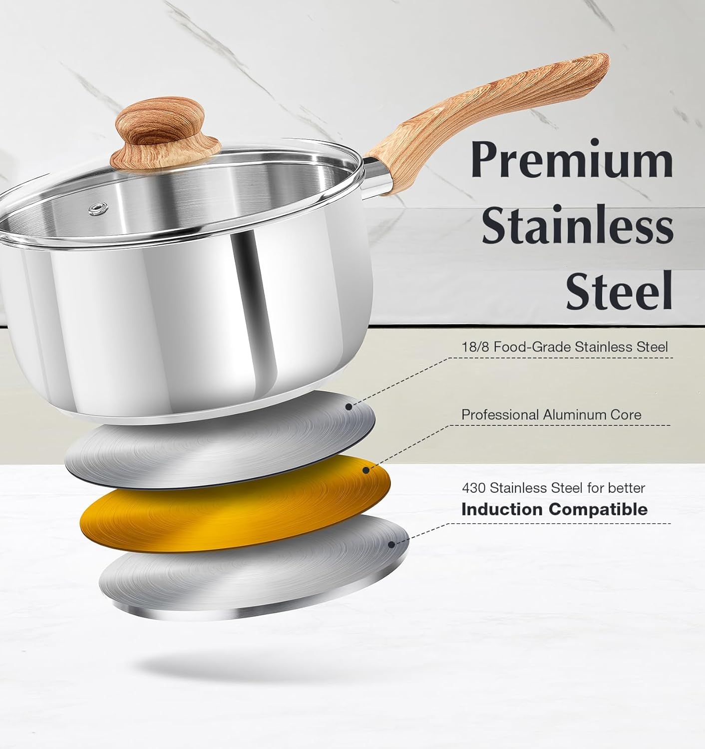 KOCH SYSTEME CS Stainless Steel Saucepan Set 1QT 2QT 3QT, 18/10 Stainless Steel Sauce Pan with Glass Lid, Even Heating Sauce Pot with Wood Grain Stay Cool Handle, Induction Compatible, Dishwasher Safe