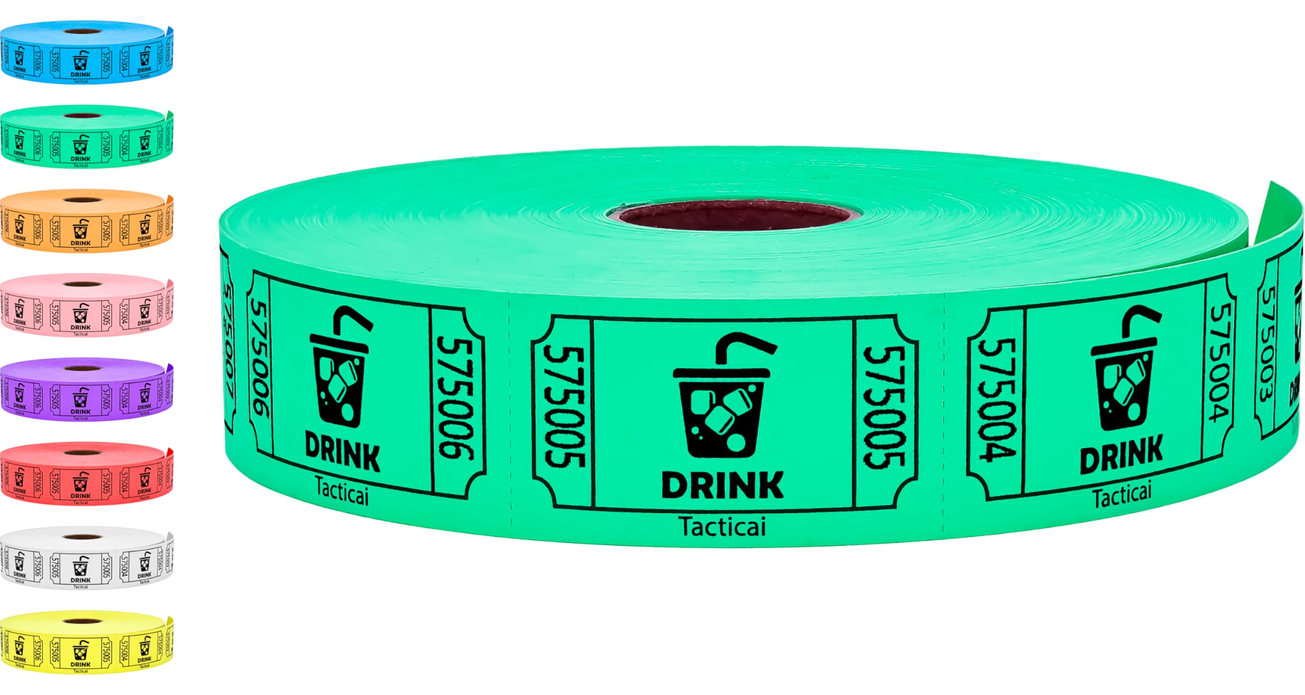Tacticai 1000 Raffle Tickets, Drink, Green (1 of 8 Colors), Single Roll for Events, Entry, Class Reward, Fundraiser & Prizes