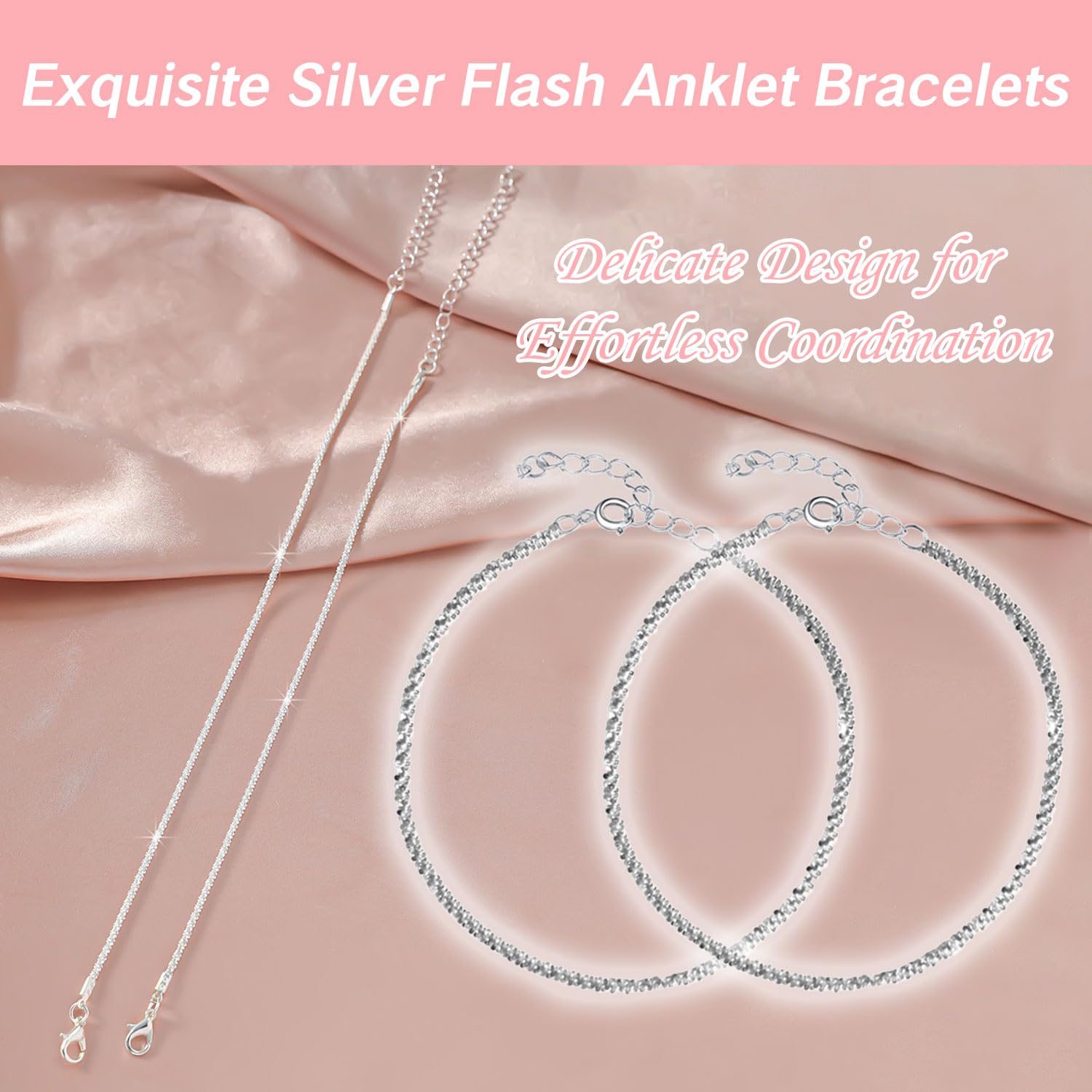 Pulseras de pie de playa con diamantes para mujer, pulseras de plata de ley 925 con diamantes de imitación, tobilleras ajustables e impermeables para playa, pulseras grandes para mujer, Zinc, 3