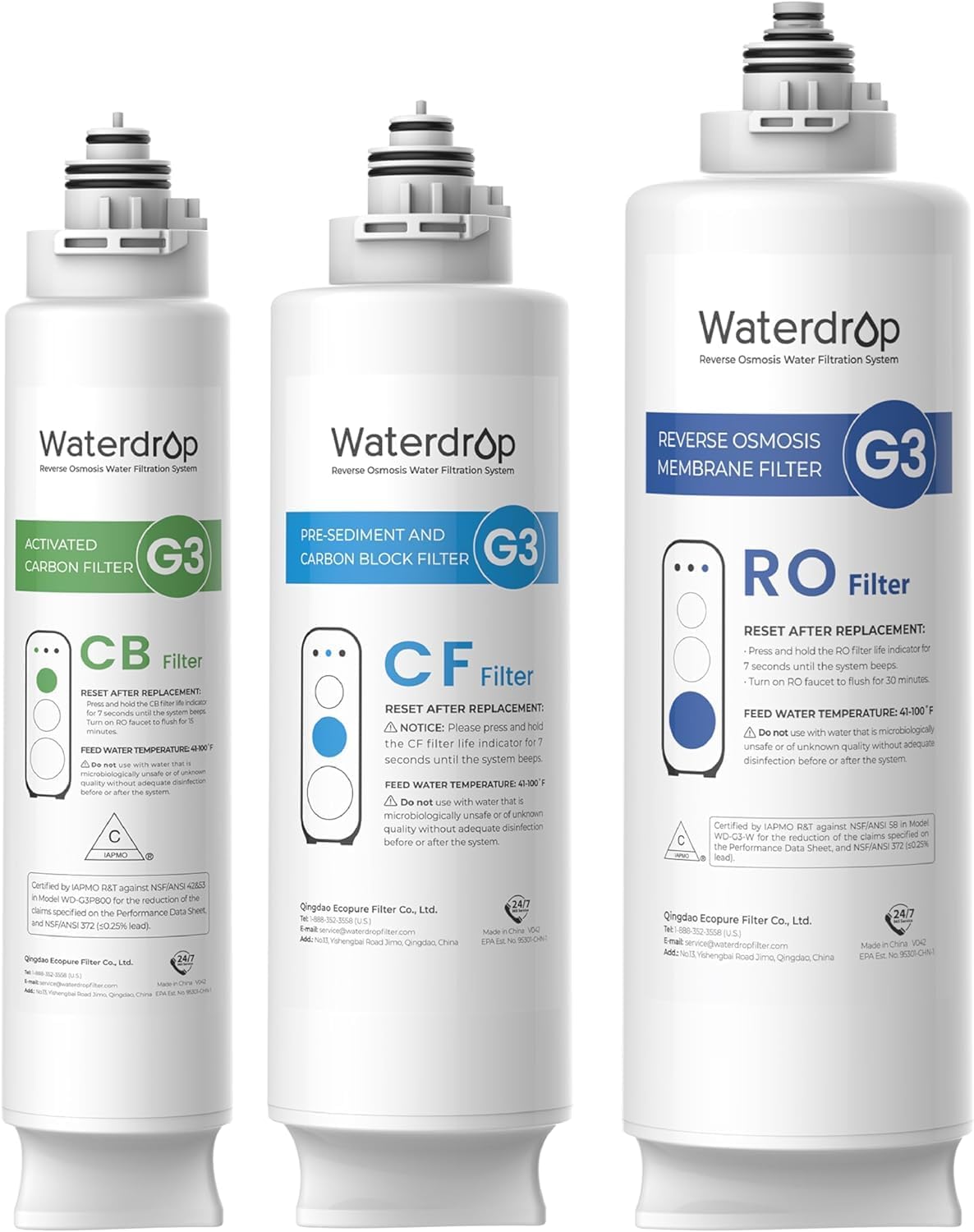 Waterdrop Filtro di Ricambio G3 per Sistema ad Osmosi Inversa 400GPD - Set con CF, CB e RO