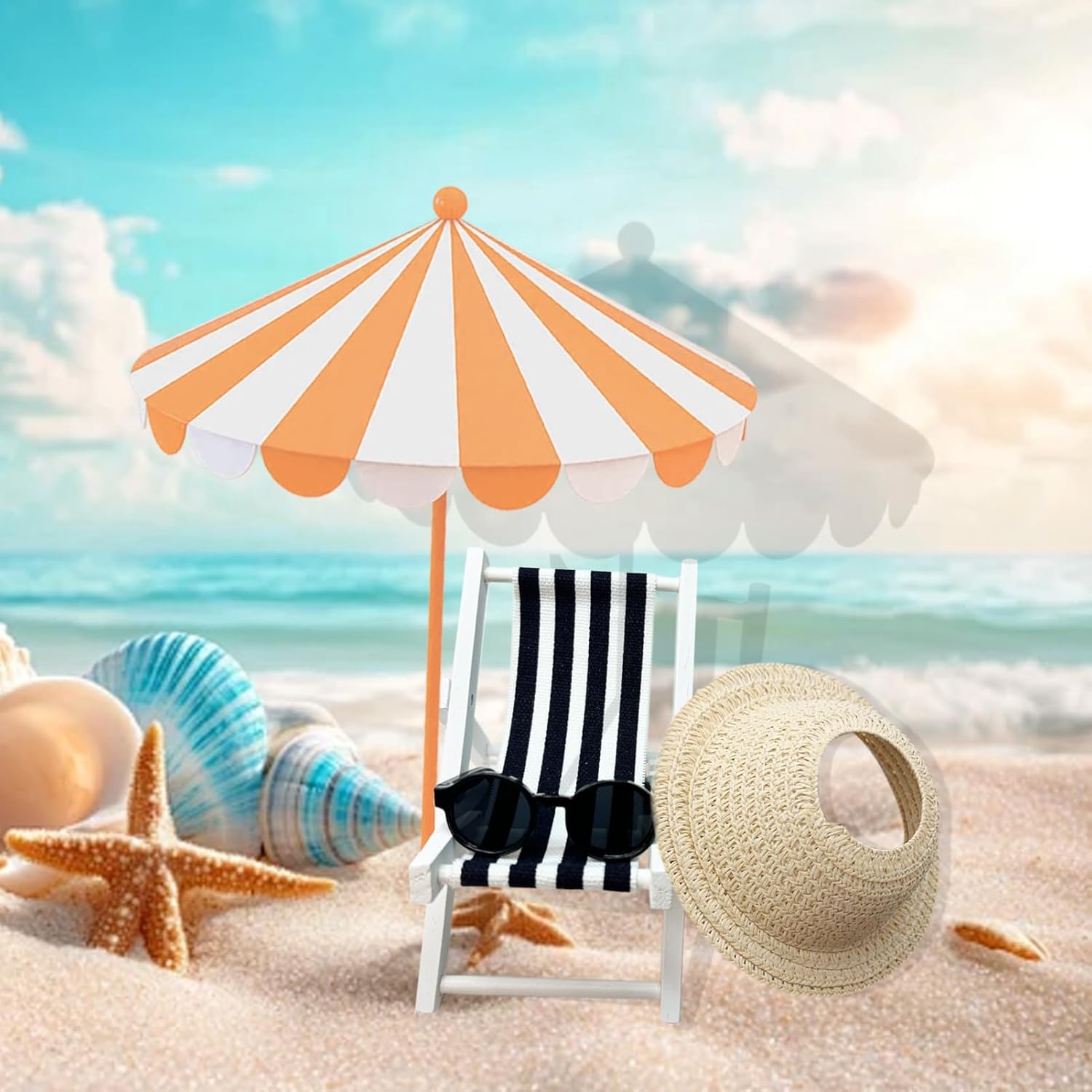 Accessories Set for 17cm Doll,Miniature Beach Sun Hat/Sunglasses/Wooden Folding Beach Chairs Compatible with Labubu 15cm/17cm Dolls,No Doll