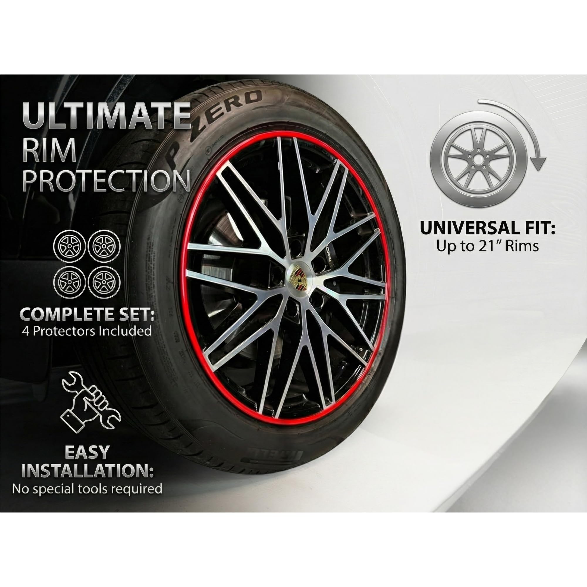 Rim Protector Kit RED for Car Wheels – Alloy Wheel Guard Strip Kit Fits up to 21" Rims | Set of 4 Rim Protectors | Easy to Install Curb Rash Defense for Rims