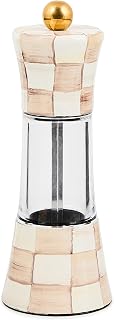 MACKENZIE-CHILDS Enamel Grinder, Brown-and-White Mocha Check | Hand-painted design, refillable manual salt and pepper grinder, 2.5" dia. x 7" H