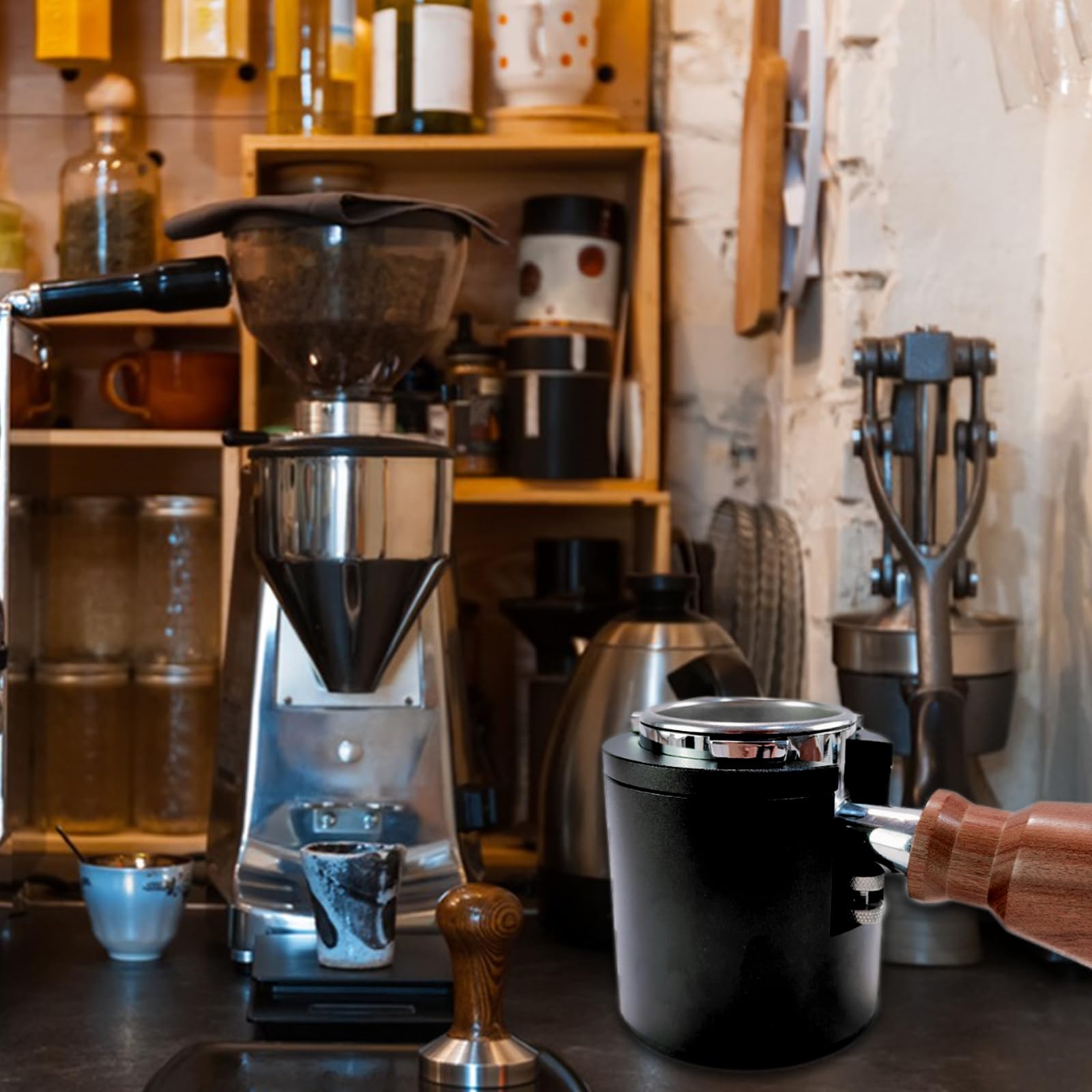 Normcore Stazione di pressatura per espresso, base per pressare caffè in noce americano naturale, supporto per portafiltro, tamper e distributore da 54/58 mm, accessori per caffè espresso con schermo