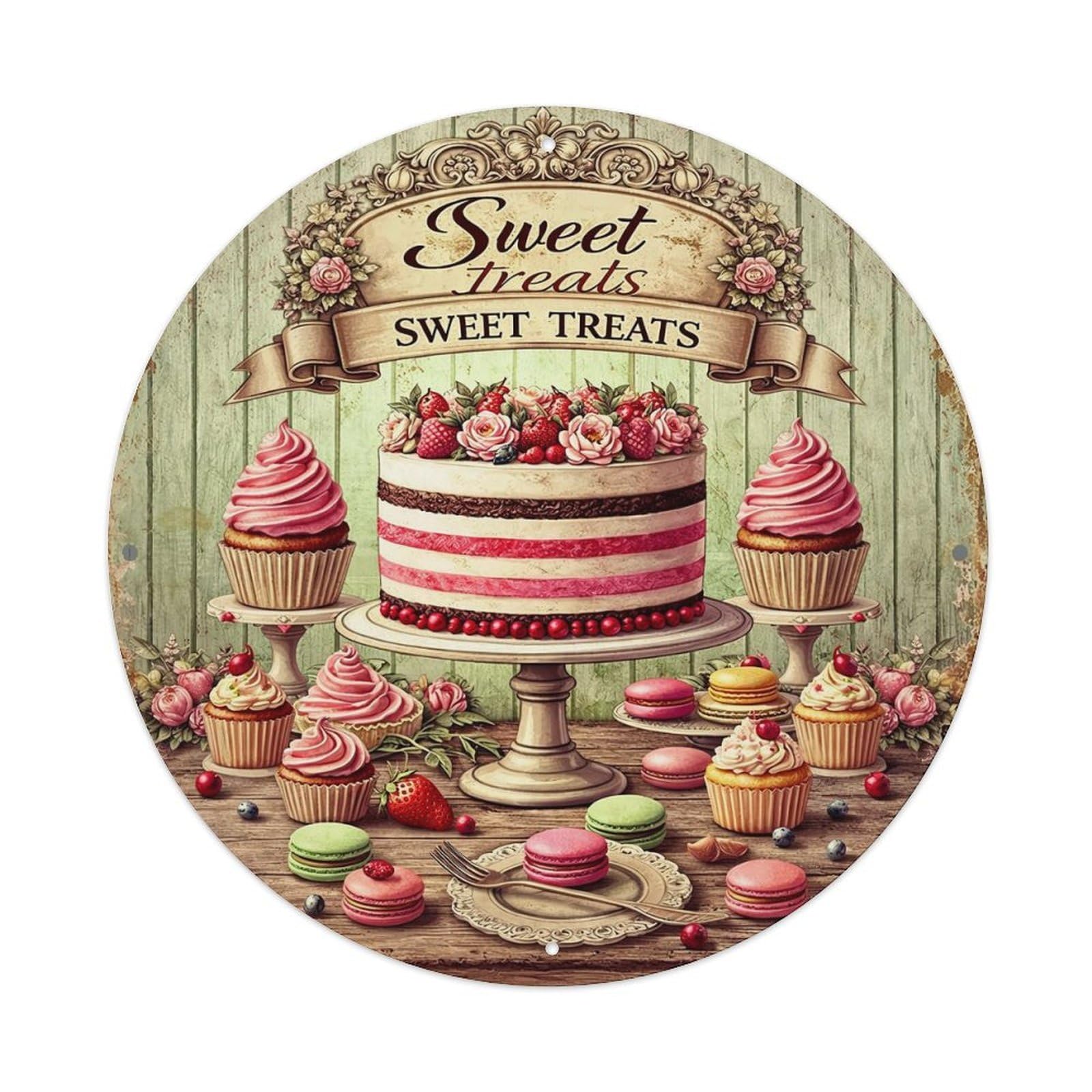 Sweet Treats Cake Cupcake Macaron Round Metal Tin Sign Vintage Wall Decor, Bar Garage Cafe Kitchen Home Wall Art Poster 8x8inches