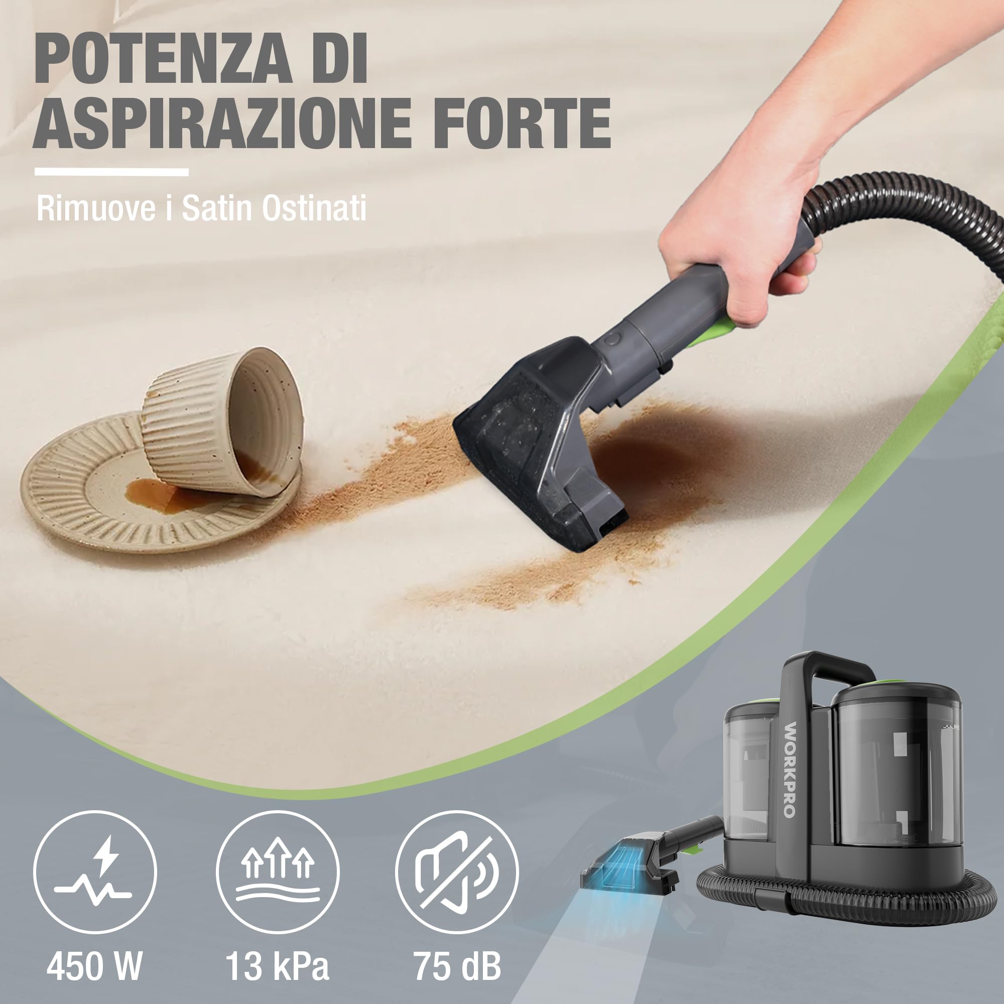 WORKPRO Lavatappeti Portatile 450W, Lava Tappezzeria, Pulitore Tappezzeria, Ideale per Pulisci Scale, Divano, Sedili Auto, Moquette e Tappeti, lava Divani
