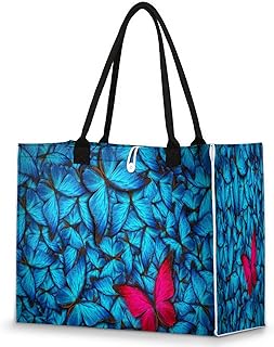 Bolsa feminina - borboleta azul reutilizável sacolas de compras de supermercado com alças borboleta vermelha grande bolsa de praia bolsas de ombro bolsas de trabalho bolsas de mão resistentes para praia, compras, trabalho, viagens, Multicolor