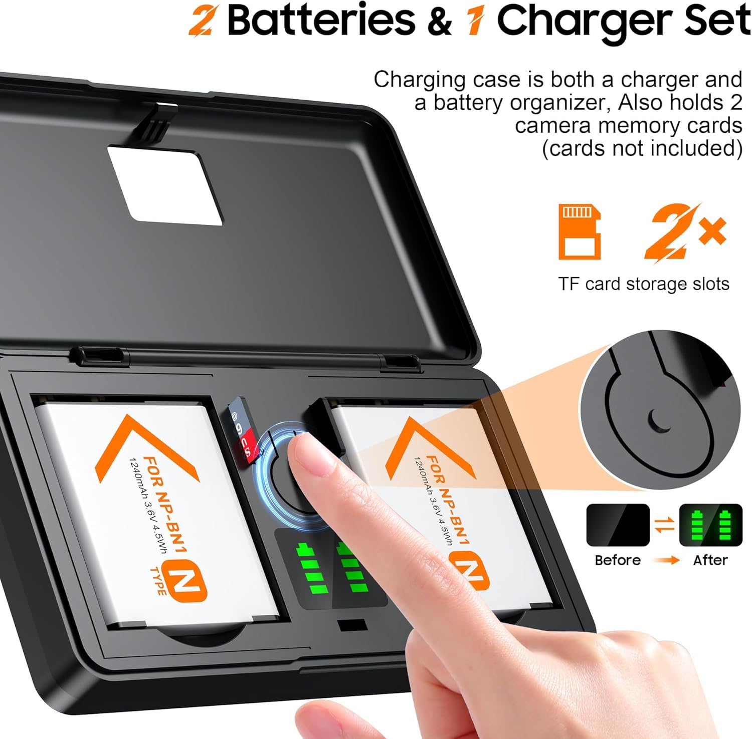 NP-BN1 Battery 2-Pack and Charger Set, Rechargeable Dual Battery Case thumbnail