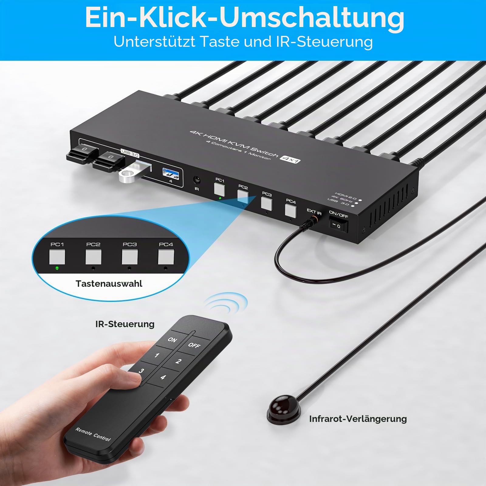 KVM Switch 4 PC 1 Monitor HDMI 4K60Hz Edid Emulation KVM Switch 4 Port USB HDMI Umschalter für 4 PC Die Sich 1 Monitor Und 4 USB3.0-Geräte Teilen IR-Fernbedienung Und 12V Netzteil Enthalten