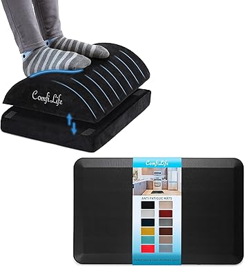 ComfiLife Foot Rest for Under Desk & Antifatigue Mat Bundle - 3/4 Inch Thick Kitchen and Standing Desk Mat - Back, Leg & Hip Pain Relief