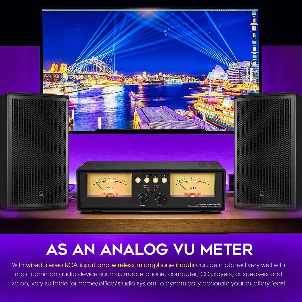 FACAIIO Caja de selección de audio analógica con medidor VU, divisor estéreo de 4 entradas y 1 salida con entrada de micrófono, control de ganancia de sensibilidad, configuración remota de grabación